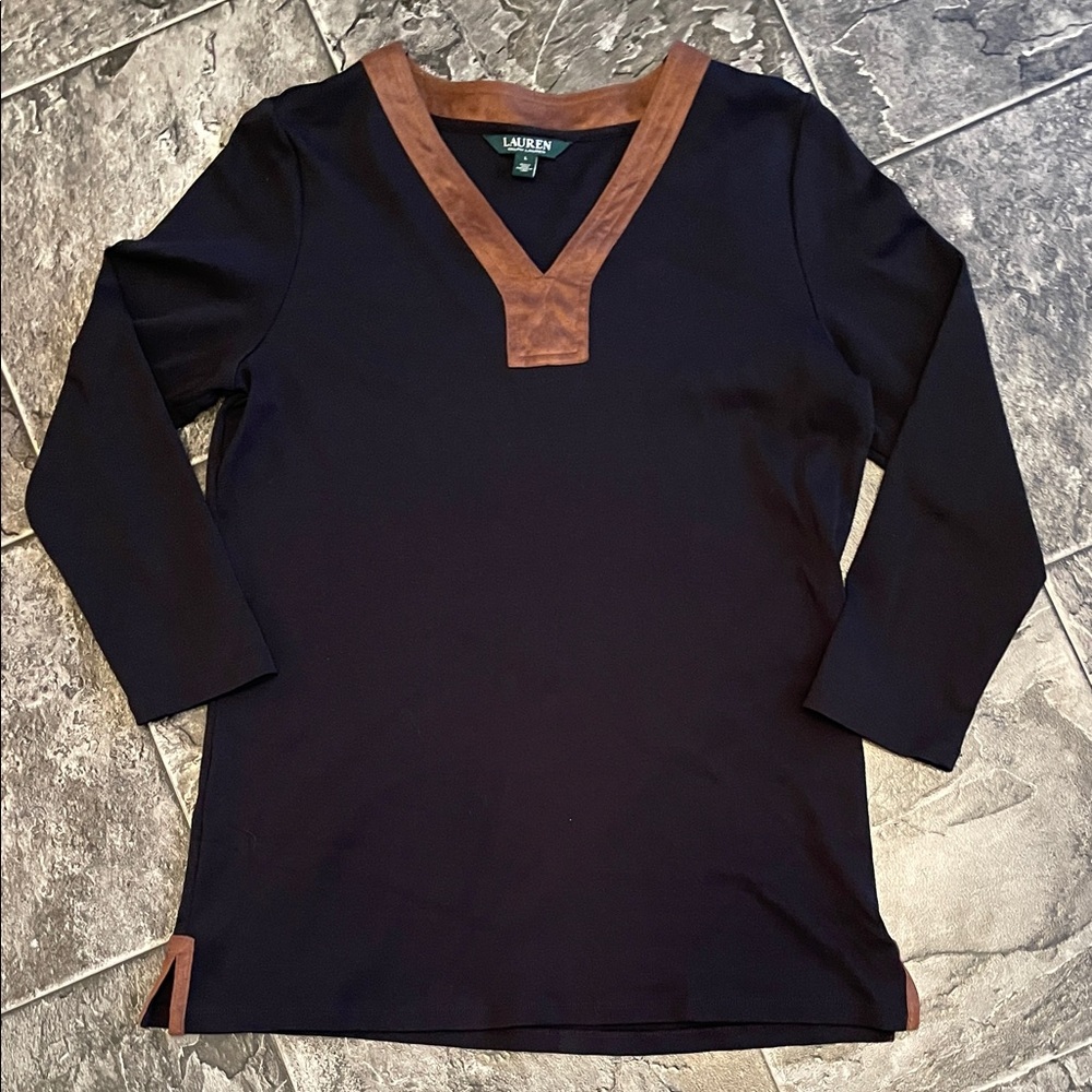 RALPH LAUREN Black & Tan Faux Suede Ladies V-neck Classic Coastal Business Top